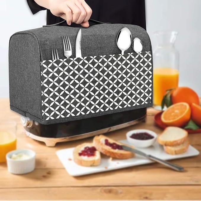 Yarwo 2 Slice Toaster Cover with Pockets and Top Handle, Nylon Toaster Cover Fits for Most Standard 2 slice Toasters, Gray with Grid