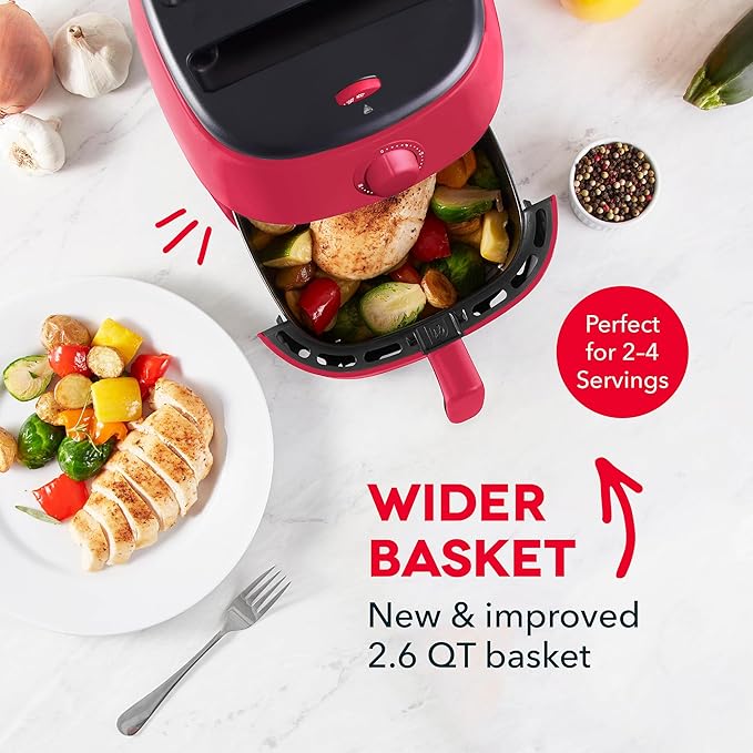 Dash Tasti-Crisp™ Air Fryer - AirCrisp® Technology - Compact Design with Adjustable Temperature Control - Nonstick Fry Basket & Auto Shut-Off Feature - 2.6 Quarts - Red
