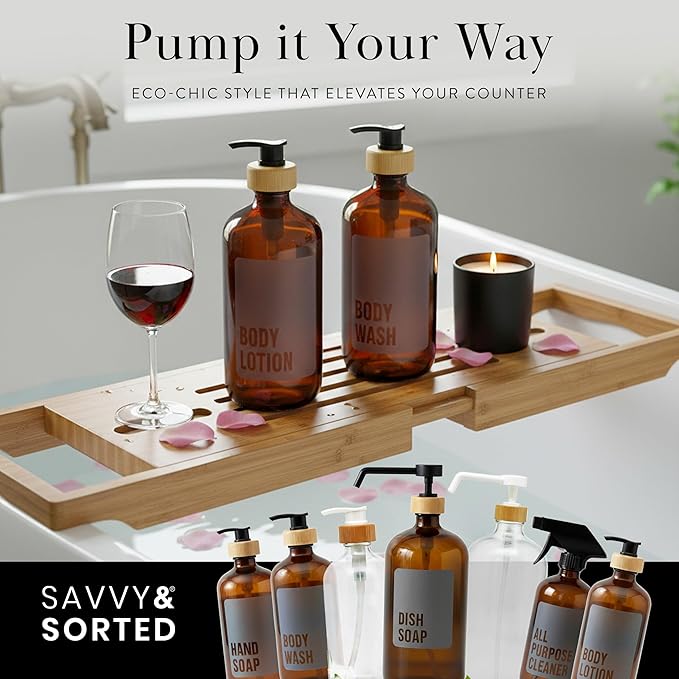 SAVVY & SORTED Amber Glass Body Lotion Dispenser with Pump, Soap Dispenser Bathroom Set, Refillable Glass Lotion Bottle with Label, Matching Soap and Lotion Dispenser Set Available, 17 Fl Oz / 500 ml