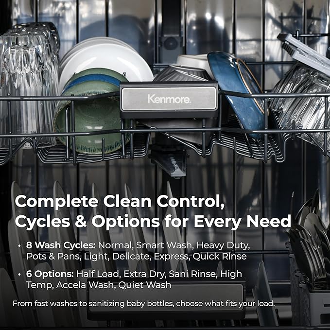 Kenmore 24" Built-In Dishwasher - UltraWash Plus, EasyFlex Third Rack, TurboDry, SmartWash & Reach-Thru Handle - 15 Place Settings - 45 DBA - ENERGY STAR Certified - Stainless Steel