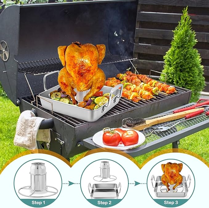 P&P CHEF Beer Can Chicken Holder with Roasting Pan Set, 9-inch Stainless Steel Square Baking Pan and Chicken Rack For Grilling, Heavy Duty & Dishwasher Safe, 4Pcs
