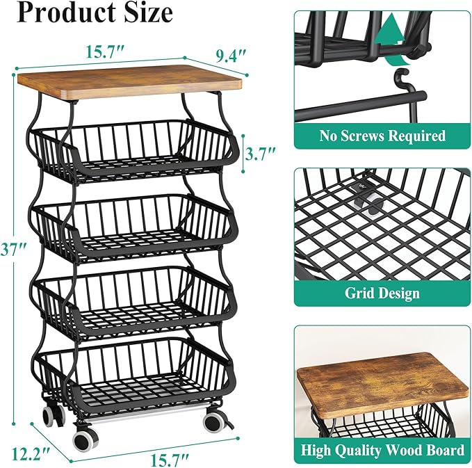 SAYZH Fruit Basket Kitchen Pantry Organizers and Storage - Wooden Top Table, Stackable Metal Wire Basket Stand Cart for Fruit Vegetable Snacks Onion Potato Organization (Black, 5 Tiers)