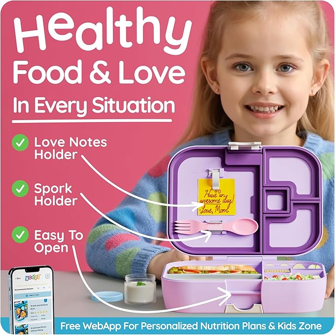 YOOPI Lunch Boxes for Kids–Toddler Bento Box with 4 Leakproof Compartment Food Bentobox Container,Lunch Box for School with Lunchbox Containers, Lightweight Sandwich Box & Snack Box (Lilac)