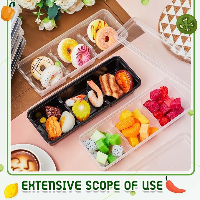 Hushee 10 Pack 17 oz Small Meal Prep Containers with 3 Compartments Snack Containers with Lid Disposable Plastic Bento Box Travel Lunch Food Boxes Stackable for Office Picnic (Black,Clear)