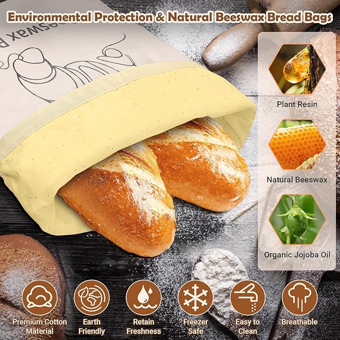 Cotton Beeswax Bread Bag (2 Pack) Reusable Double-Lock Freezer Safe for Homemade Sourdough Bread Food Storage Gifts for Sourdough Bakers (Pattern 1)
