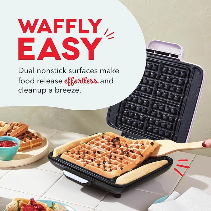 DASH No-Drip Waffle Maker - Four Waffle Molds, Nonstick Waffle Iron with Quick Heat-Up, Nonstick Surface - Perfect Waffle Maker for Kids and Families, Just Add Batter