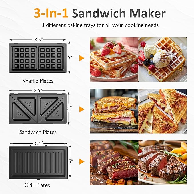 Sunvivi 3 in 1 Sandwich Maker, Electric Waffle Maker with Removable Non-stick Plates, 1000W Panini Press Grill with Glass Top, Cool Touch Handle & Easy to Clean, Black