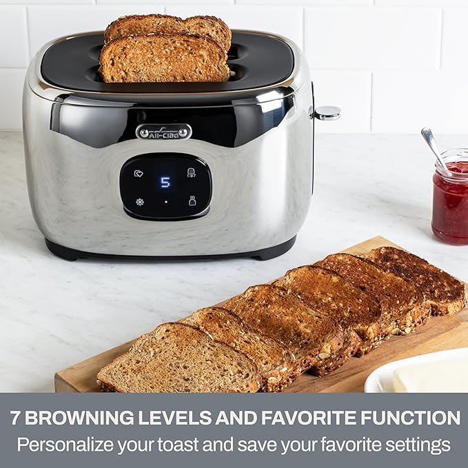 All-Clad Stainless Steel Toaster, 2 Slot, Removable Crumb Tray, 850 Watts, 7 Browning Levels, Intuitive Touchscreen, Extra High Lift, Silver