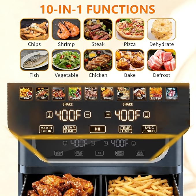 Simple Deluxe 9.5-Qt Dual Basket Air Fryer, 10-in-1 Digital Preset 1700W Airfryer, Sync Cook, Independent Temp Control, Shake Reminder, Nonstick Basket, Grey