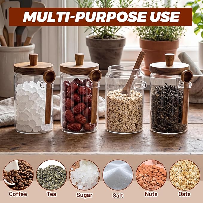 Remerry Set of 4 Glass Jar with Wooden Lid and Spoon, Clear Airtight Spice Canisters Glass Food Storage Kitchen Containers Set for Coffee Bean Tea Sugar (30 oz)