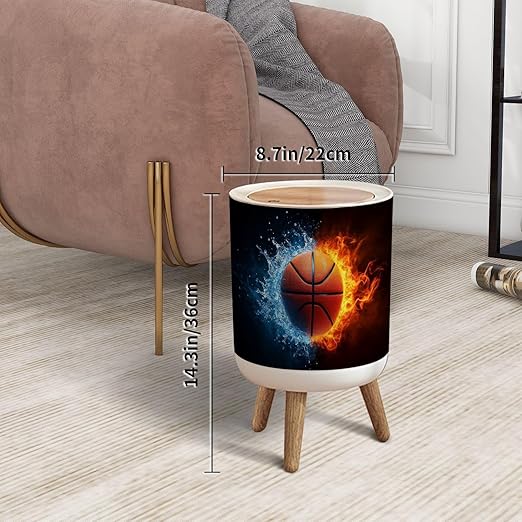 Trash Can with Lid Basketball Press Top Round Small Garbage Bin with Wooden Legs Waste Basket for Kitchen Bedroom Nursery 7L/1.8 Gallon