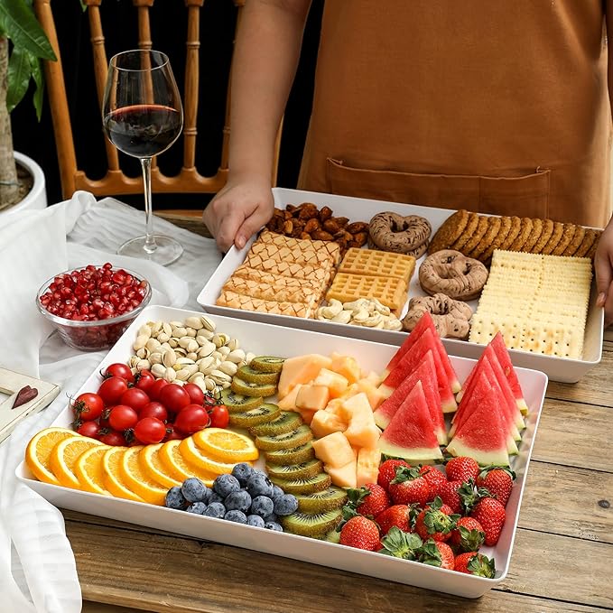 8 Pack, 16" x 11" Large White Serving Trays Set - Reusable Plastic Serving Platters for Cookie, Appetizer, Charcuterie, Snack, Dessert, Party Food Display - Stackable Kitchen CounterTop Tray, BPA Free