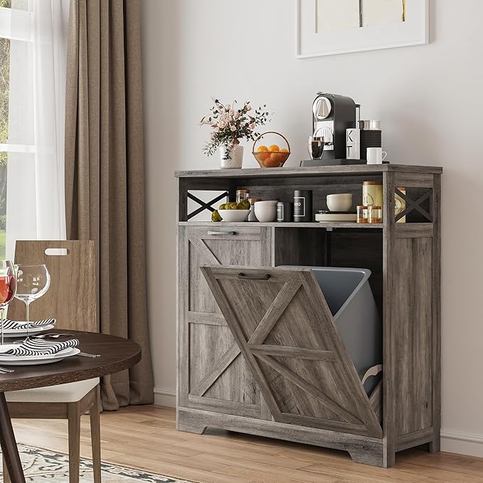 Befrases Double Tilt Out Trash Can Cabinet for 13 * 2 Gallon Garbage Can, Farmhouse Kitchen Garbage Trash Bin for Hidden Laundry Basket, Dual Dog Proof Recycling Cabinet for Dining Living Room, Grey
