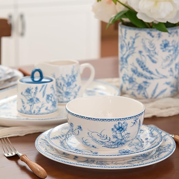 Bico Blue Garden Toile De Jouy Dinner Plates Set of 4, 11 Inch Large Ceramic Plates for Pasta, Steak, Stylish Serving Dishes, Microwave and Dishwasher Safe, Gift for Housewarming and Thanksgiving