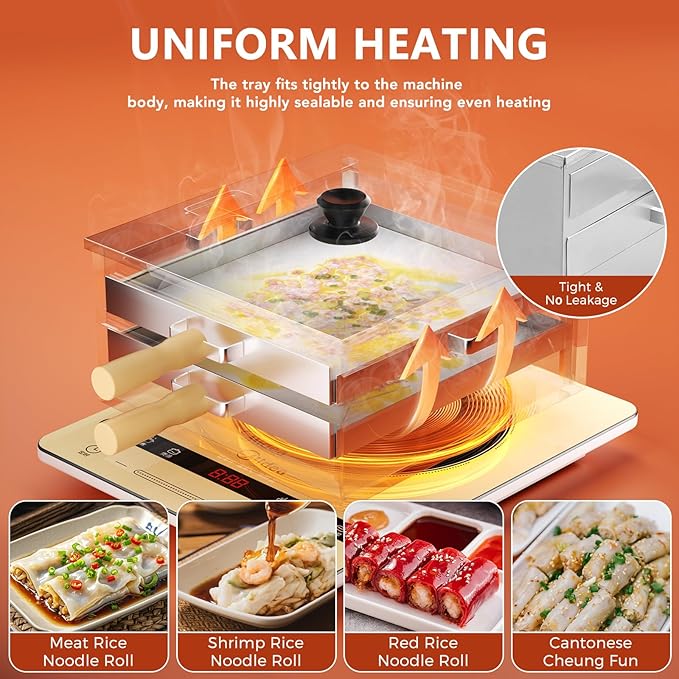 Rice Roll Steamer, Cantonese Stainless Steel 2-Tier Rice Noodles Steamer Machine, Steam Rice Roll Maker with Long Wooden Handle for Commercial and Home Use for Cheung Fun/Dumplings/Dim Sum