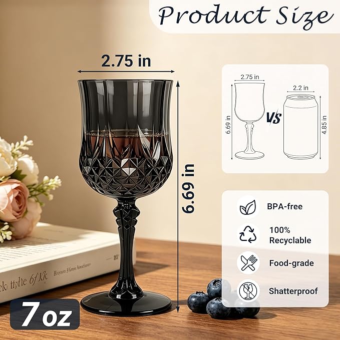 Plastic Wine Glasses, Plastic Goblets Vintage Style Cordial Unbreakable Drinking Glasses, Reusable Drinkware for Wedding Reception, Grand Event Party Supplies (12, Black)