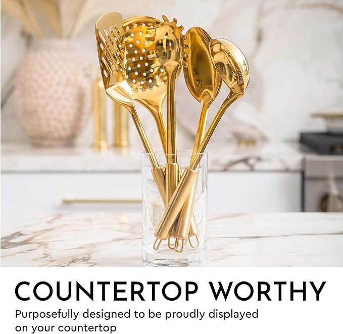 Gold Kitchen Utensils Set – 5-Piece Stainless Steel Kitchen Tools for Modern Cooking and Serving – Dishwasher Safe Ladle, Spoon, Spatula, Pasta Fork, Luxury Brass Kitchen Accessories for Home Chefs