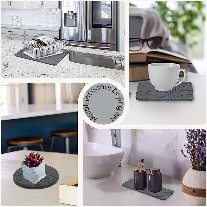 Stone Dish Drying Mat For Kitchen Counter With Diatomite Sink Tray Set - Quick Dry, Fast Water Abosrbing, Diatomaceous Earth - Multi-Purpose Stone Drying Mat For Dishes, Cups, Bottles - (15" x 15")