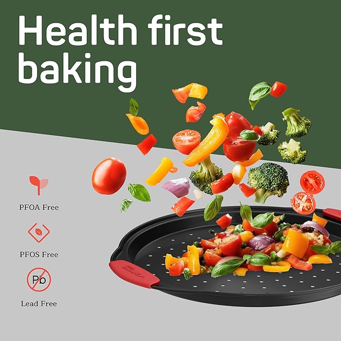 Non-Stick Pizza Pan with Silicone Handle 1 Pack, 13 Inch Round Carbon Steel Tray with Perforated Holes, Dishwasher & Oven Safe Up To 450°F, PFOAPFOSPTFE Free, Durable Nonstick Gray Coating
