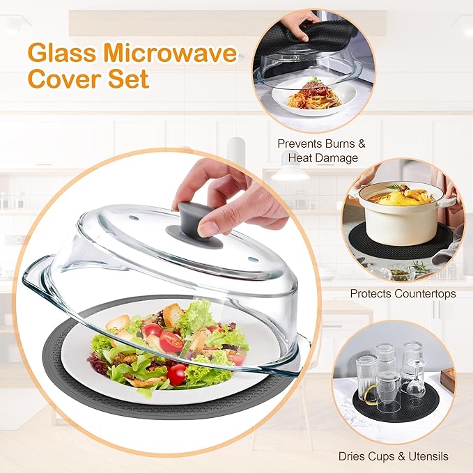 Glass Microwave Splatter Cover for Food with Microwave Place Mat - Sturdy Plate Guard Lid with Vent Holes and Easy-Grip Silicone Handle - BPA Free, Dishwasher Safe (Grey)
