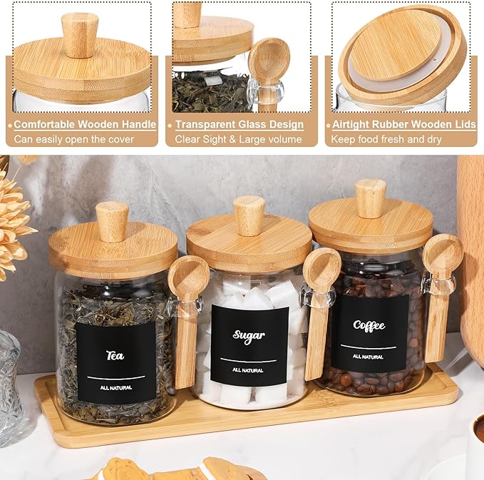 Suclain 3 Pcs Glass Coffee Container with Wooden Lid Spoon Shelf Labels Clear Airtight Jar Food Storage Canister Set for Sugar Spice Coffee Bean Holder Housewarming Gift(20 oz,Natural Bamboo)