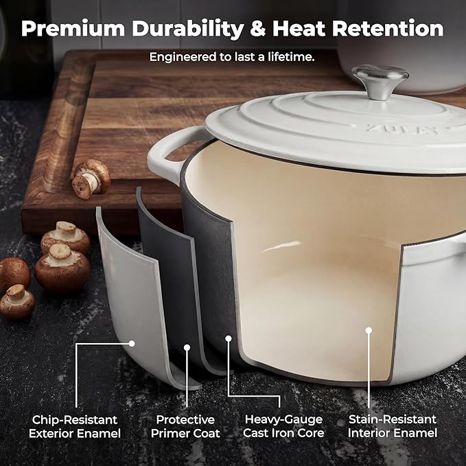 Zulay Kitchen 6 Quart Enameled Cast Iron Dutch Oven Pot with Lid – Premium Durability & Oven Safe up to 500°F – Heavy Duty Cookware Perfect for Bread Baking, Stews, Braising & Roasting - White