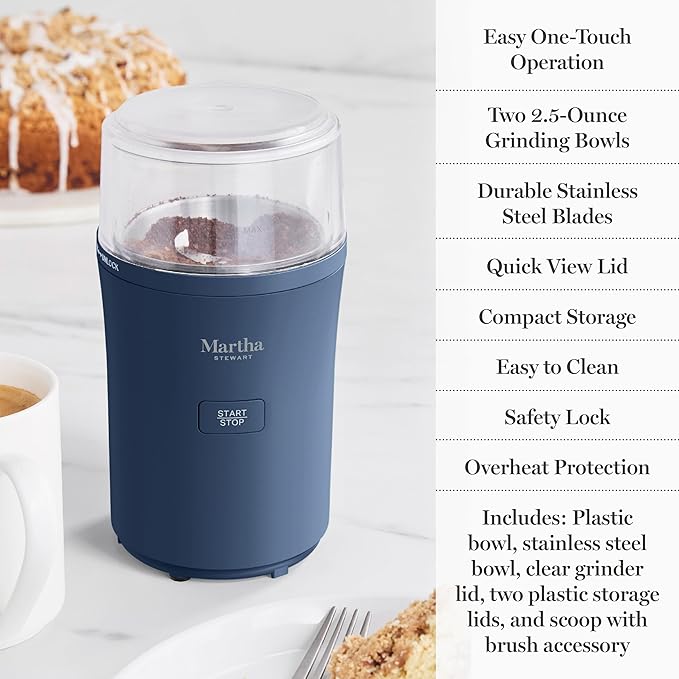 Martha Stewart Electric Coffee & Spice Grinder, Dual 2.5oz Removable Bowls, Storage Lids, Stainless Steel Blades, One Touch Pulse Control, 2-in-1 Compact, Beans & Spices, Herbs & Nuts, Indigo Blue
