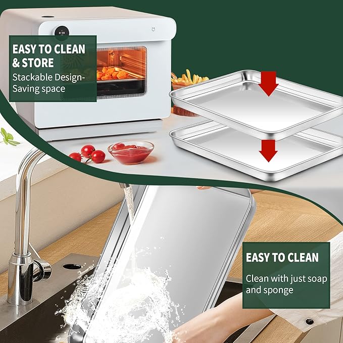 CEKEE 4 PCs Small Baking Sheet With Wire Rack Set [2 Pans + 2 Cooling Racks], 10 Inch Stainless Steel Tray - Rust & Warp Resistant, Easy Clean