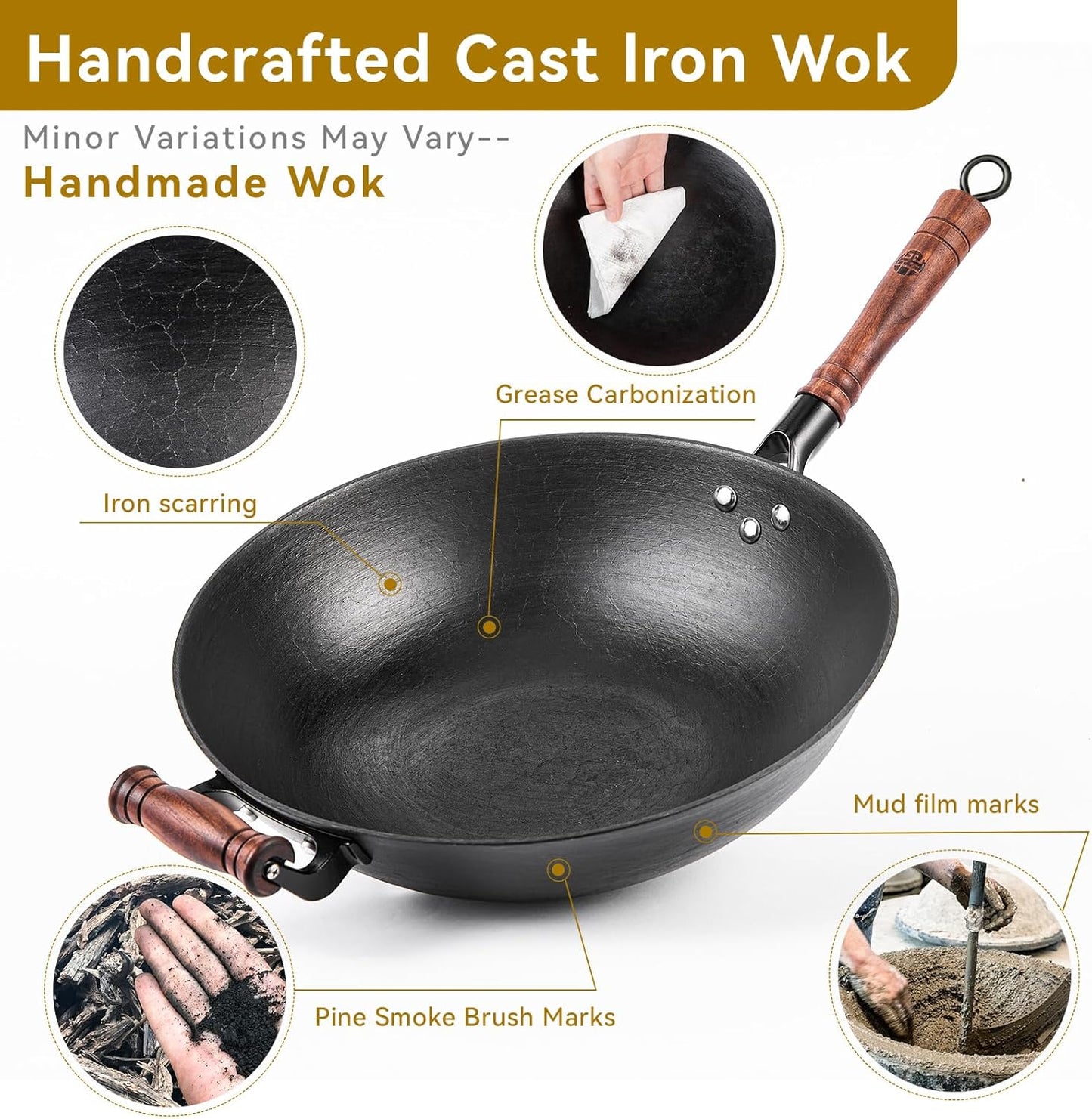 WANGYUANJI Cast Iron Wok,13.4 inch Flat Bottom Wok with Glass Lid,Suitable for All Cooktops, Uncoated Craft Pot Healthy Cooking Pot