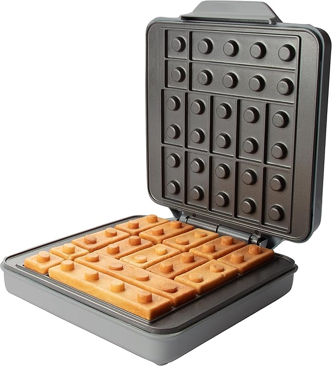 Building Brick Electric Waffle Maker- GREY with 2 Construction Eating Plates- Cook Fun Buildable Waffles in Minutes Like Houses, Cars & More- Revolutionize Breakfast - Stack & Build on Serving Dishes
