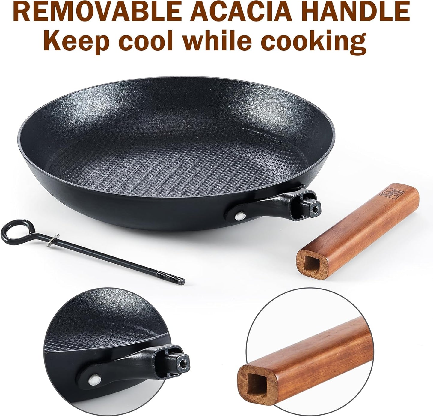 DM Cast Iron Skillet, 12 Inch Nonstick Frying Pan with Detachable Acacia Wooden Handle, Honeycomb Non stick Omelet Egg Pan, Easy Clean Oven Safe Pans for Cooking