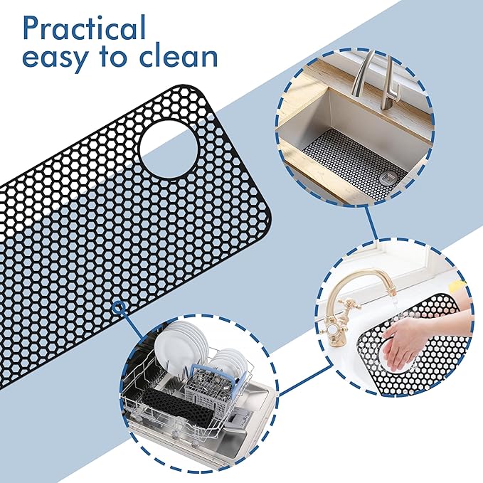 Bestjing Silicone Sink Protectors for Kitchen Sink - 28.4"x 14.3" Kitchen Protector Accessory, Non-Slip Heat Resistant Mat for Bottom of Farmhouse Porcelain Stainless Steel(Top Right Drain Hole,Black)