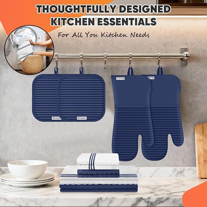 Oven Mitts Kitchen Towels and Dishcloths with Pot Holders Sets, Oven Gloves Hot Pads 500°F Heat Resistant with Silicone Grip, Include 2 Cooking Gloves/2 Potholders/4 Kitchen Towels/4 Dish Towels