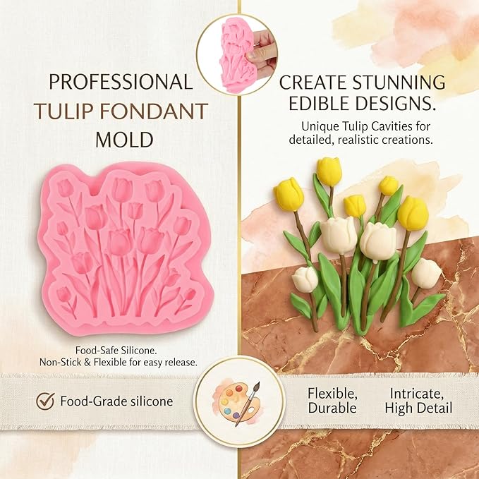1 Pcs Tulip Fondant Mold, Flower Chocolate Silicone Mold, Food-Grade Material, for Baking Cookies Candy Sugar Crafts, Marzipan Muffins Chewing Gum Salted Dough Epoxy Resin Plaster Soap Clay