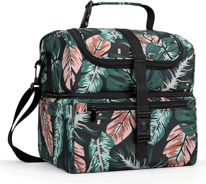 PBRO Double Deck Insulated Lunch Bag for Women,Large Reusable Lunch Box with Adjustable Shoulder Belt,Side Pockets,Cute Tropic Leaves Leakproof Lunch Tote Cooler Bag for Adult Picnic,Working -Green