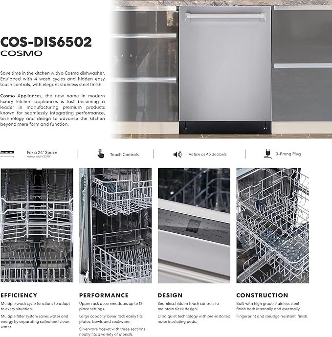 COSMO COS-DIS6502 24 in. Dishwasher in Fingerprint Resistant Stainless Steel with Stainless Steel Tub