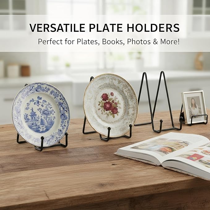 Plate Stands Holder - 3 Pack, Picture Frame Display for Bookcase, Photo on Table Top (Black, 8")