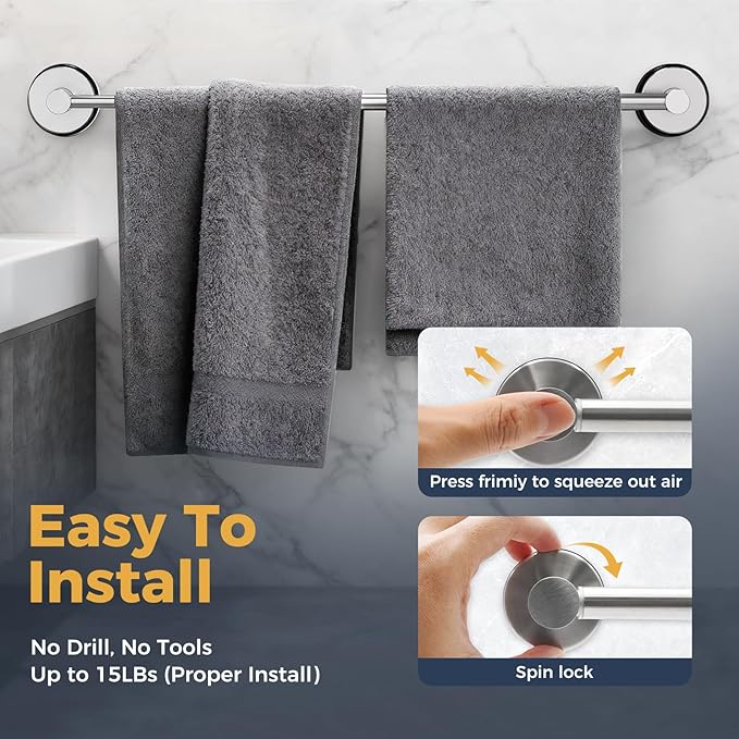 14.6inch~24inch Towel Racks for Bathroom,Adjustable Suction Cup Towel Bar for Bathroom Wall,Stainless Steel Bath Towel Holder for Shower,2 Pack(Brushed Silver)