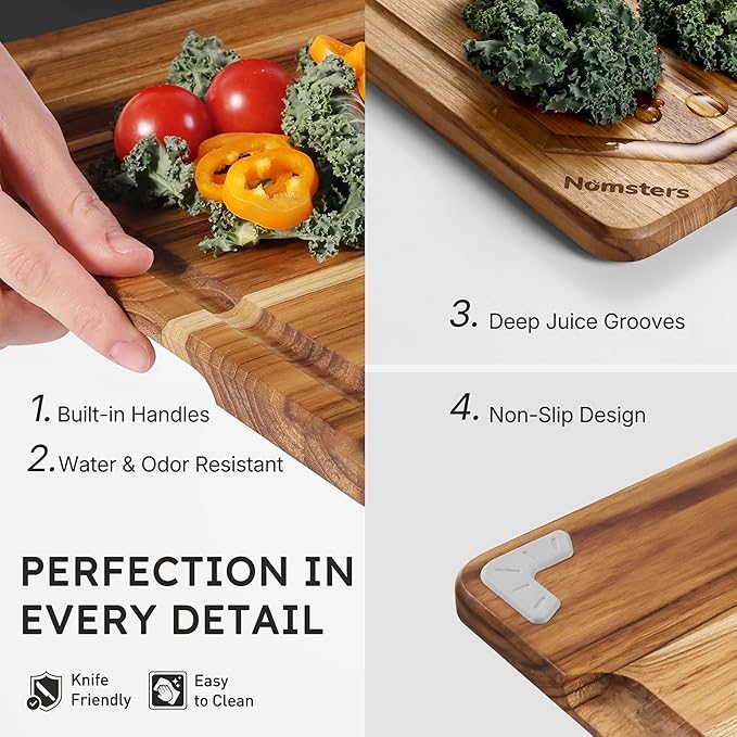 5 Pack Teak Wood Cutting Board Set with Holder Non Slip Over Sink Wooden Chopping Board for Fresh Meat Vegetable Thick Haus Perfect for Charcuterie Juice Groove Bread Boards for Kitchen