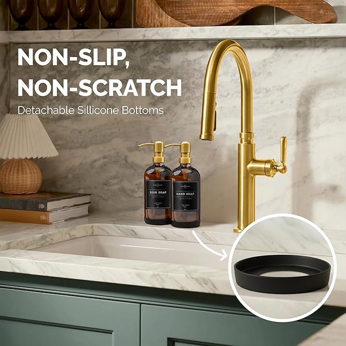 Vine Creations Amber Glass Soap Dispenser, 2 Pack Kitchen Soap Dispenser Set with Stainless Steel Pump, 16 oz Dish Soap and Hand Soap Dispensers for Bathroom with Waterproof Labels