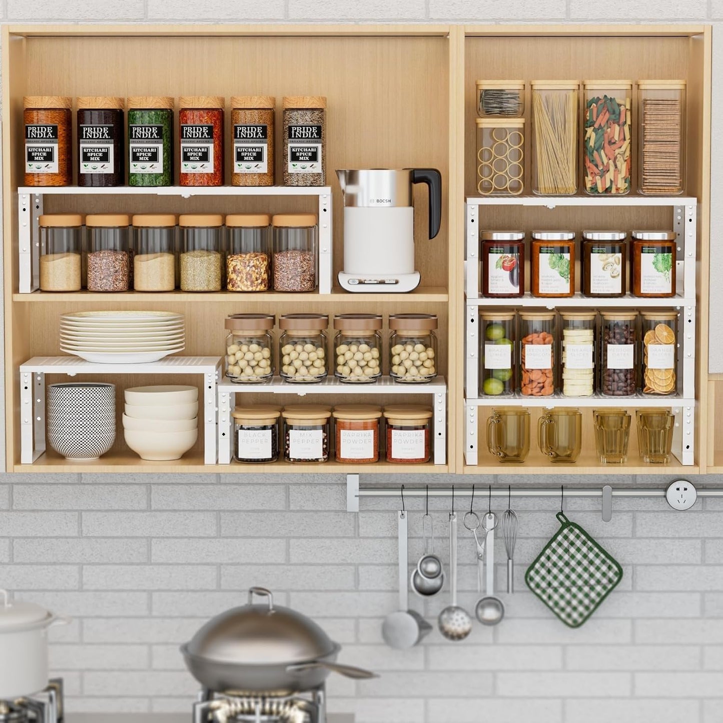 Expandable Spice Rack Kitchen Cabinet Shelf Organizer, Stackable Storage Shelves Racks, Adjustable Counter Shelving for Cabinets, Countertop, Cupboard,Pantry and More(3Packs/White/Large)