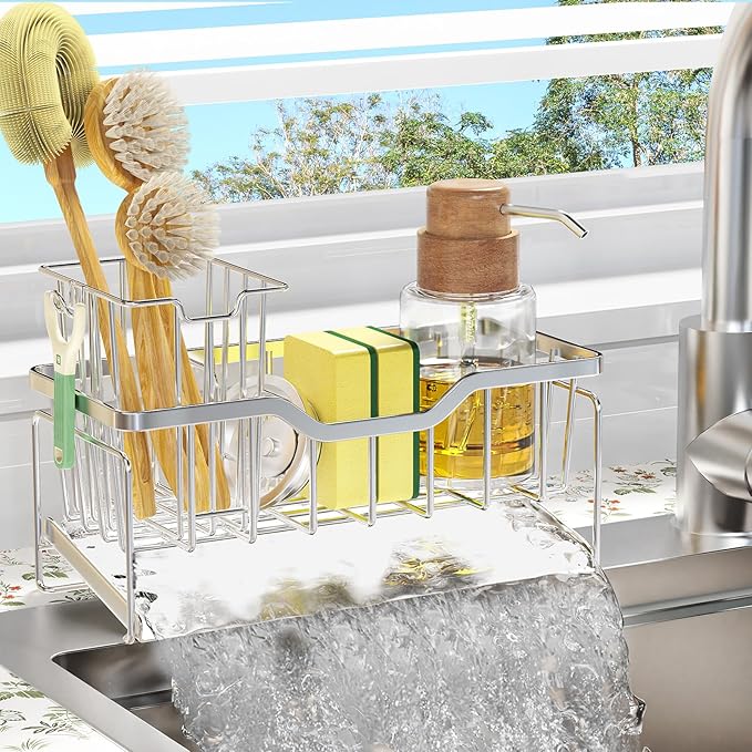 StorageRight Kitchen Sink Caddy Organizer, Rustproof Sponge Holder for Kitchen Sink, Instant Dry High Brush Holders with Drain Tray, Anti-Slip Sink Storage Organization Essentials, Silver