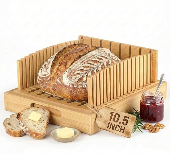 Sourdough Bread Slicer for Homemade Bread - 10.5" Extra Wide Premium Bamboo Guide for Large Round Loaves & Artisan Baking - Heavy Duty Stable Mortise-Tenon Structure with Crumb Catcher Tray