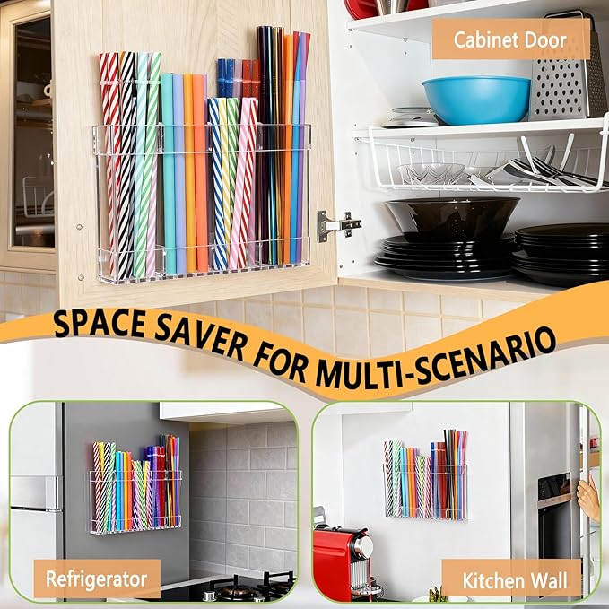 New Upgrade 9.5" Large Acrylic Straw Holder for Cabinet Door-Reusable Tumbler Straw Organizer Storage,Small Kitchen Organizers and Storage Accessories Container,Ultra Sticky Cupboard Door Mounted