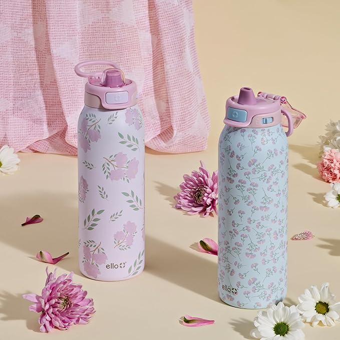 Ello Pop & Fill 22oz Stainless Steel Water Bottle with QuickFill Technology, Double Walled and Vacuum Insulated Metal, Leak Proof Locking Lid, Straw and Chug, Reusable, BPA Free, Blossom Bliss