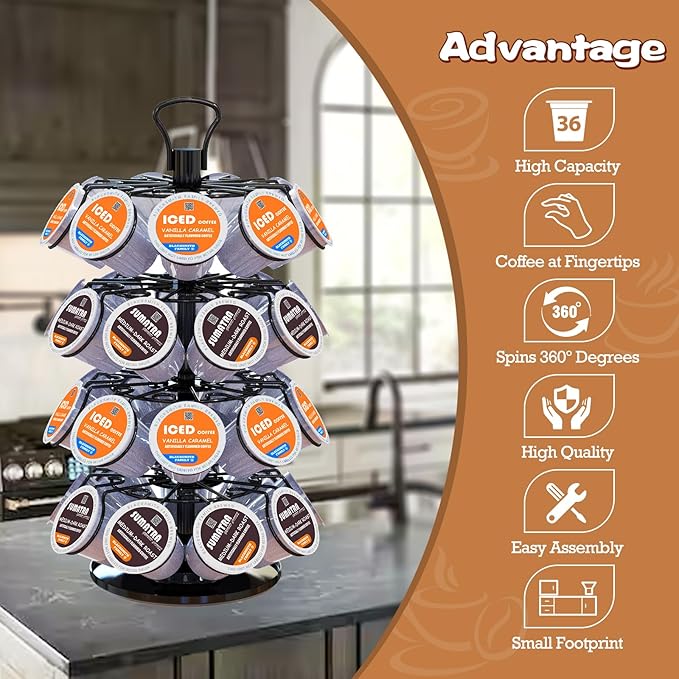 BLACKSMITH FAMILY 36 K Cup Pod Carousel Easy Assembly Design K Cup Holders,K Cup Holder, K Cups Holder,K Cup Carousel, 4-Tier Coffee Pods Holder Storage Organizer Stand,Glossy Black