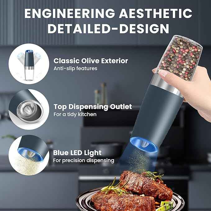 Gravity Electric Salt and Pepper Grinder set of 2, Automatic Salt And Pepper Grinder Set, Adjustable Roughness, Battery Powered, LED Light, 2 Pack, (Grey)