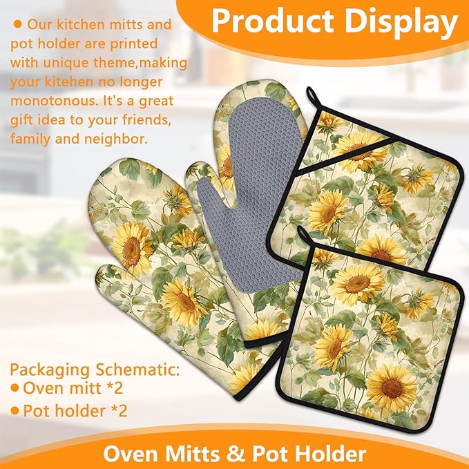 Sunflower Oven Mitts and Pot Holders Sets 4Pcs Silicone Non-Slip Mitts Heat Resistant Gloves Hot Pads for Kitchen Cooking Baking Grilling BBQ