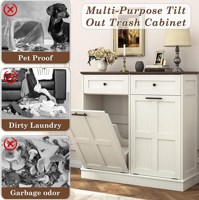 Double Trash Can Cabinet, 26 Gallons Farmhouse Hidden Wood Garbage Can Bin Cabinet with Drawers, Tilt Out Laundry Hamper with Laundry Storage Basket for Bathroom, Kitchen, Antique White