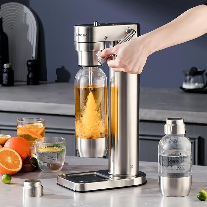 Sparkling Water Maker – Balck 304 Stainless Steel Carbonator Machine with 2 BPA-Free Bottles (1L + 0.5L) & 2 CO2 Carbonator